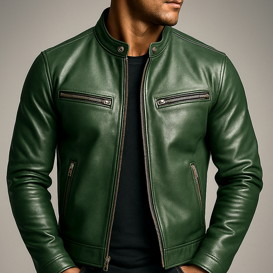 Green leather jacket worn open by a model over a black t-shirt, showing the snap collar and chest and hip zip pockets. 1
