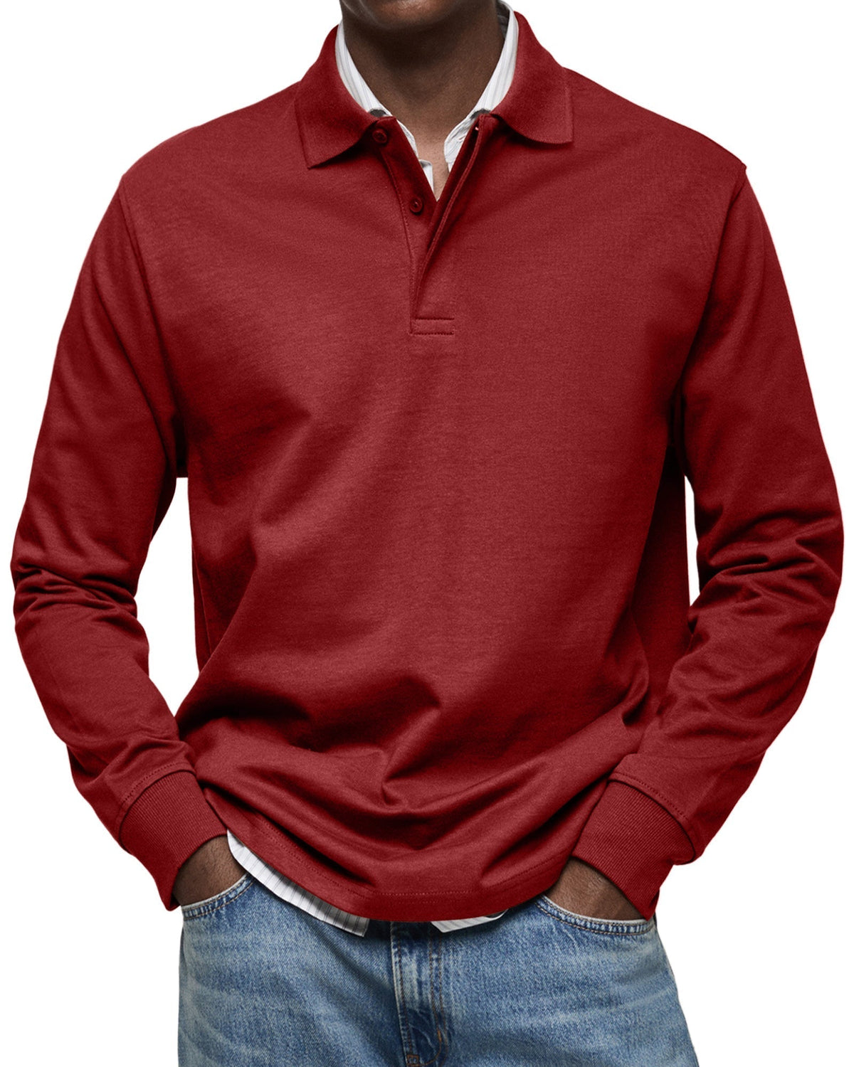 Deep red version on a model, with button placket and ribbed cuffs over a striped shirt 11