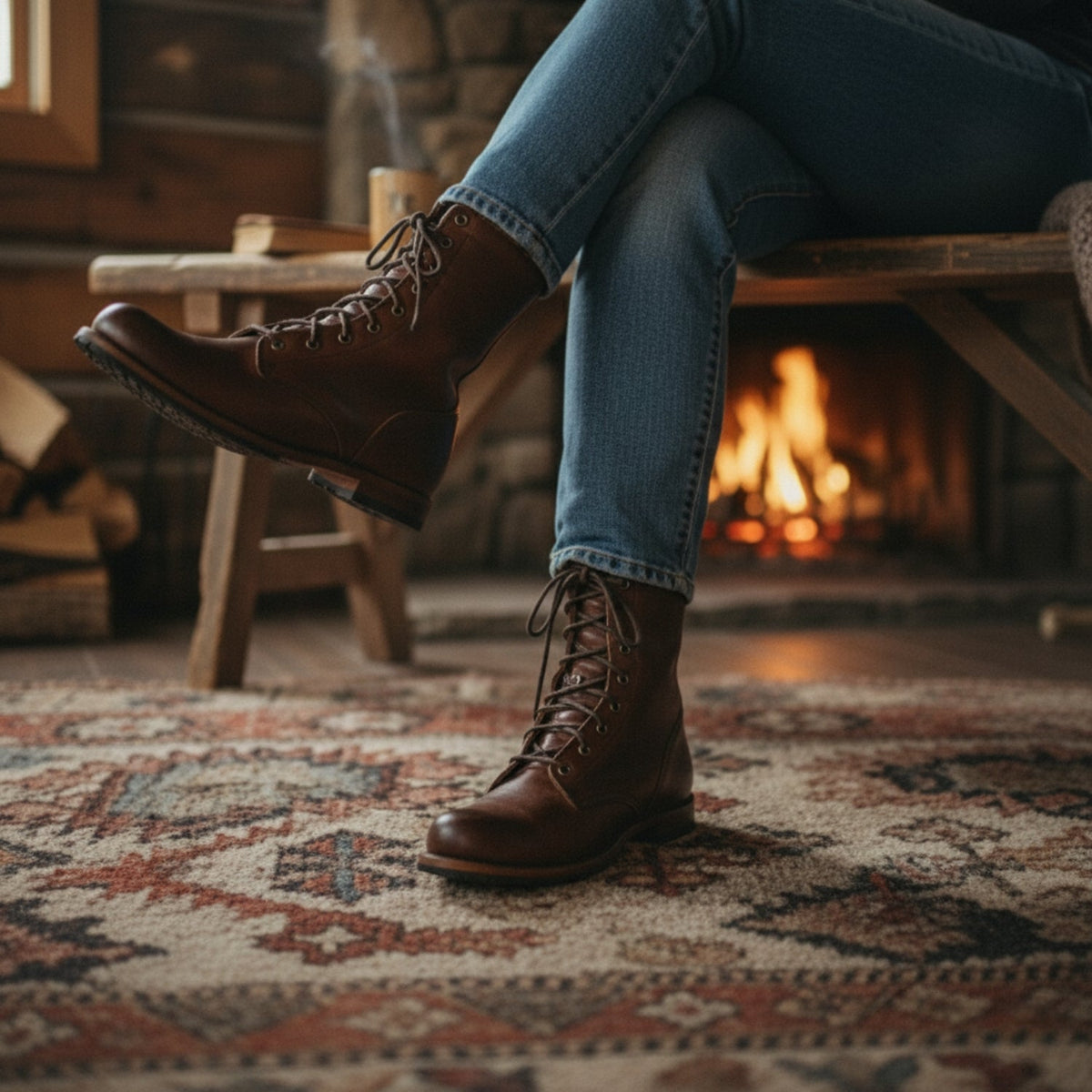 Woman wearing brown leather lace-up boots with blue jeans, legs crossed on a patterned rug in front of a lit fireplace. 5
