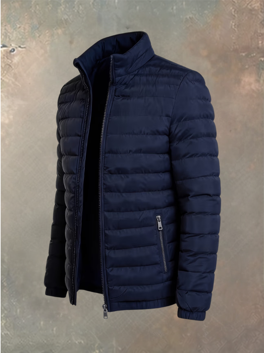 Quilted puffer jacket in dark navy blue, partly unzipped, with zipped side pocket visible 2