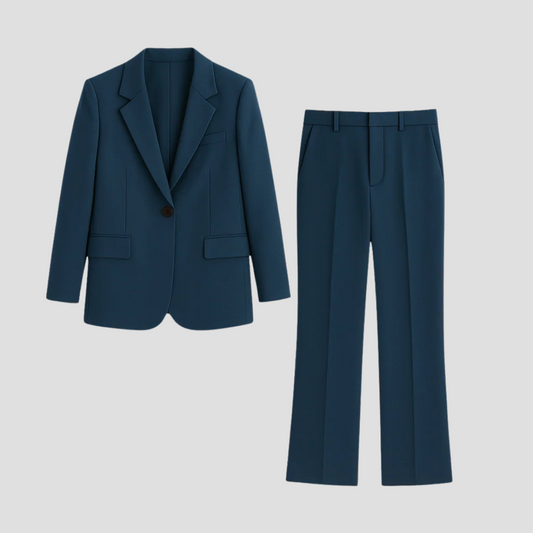 Flat lay of the teal single-button blazer beside the matching straight-leg trousers 2