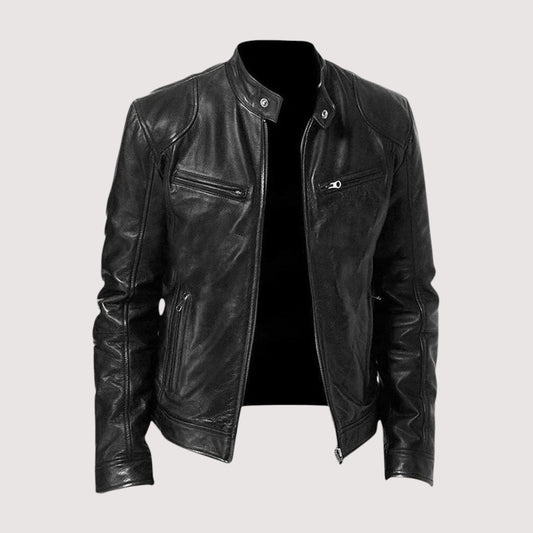 Front view of the black leather jacket unzipped, showing stand collar with snap tabs and zipped chest pockets 2