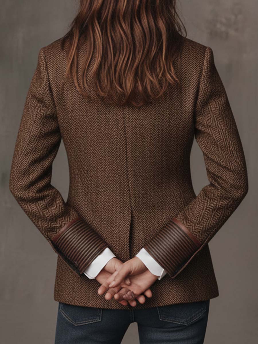 Back view with hands clasped behind, showing wide striped cuffs and the herringbone back panel 11