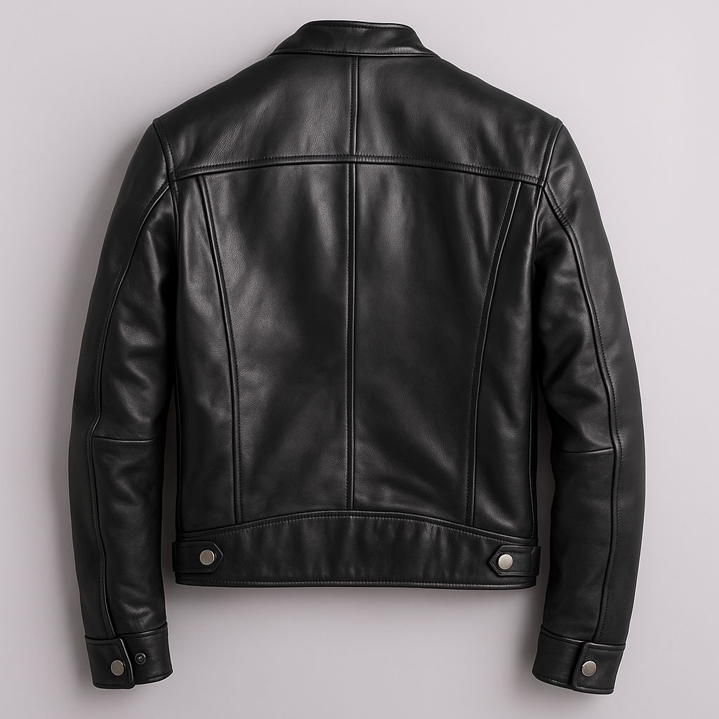 Back view of the black leather jacket laid flat, showing the panelled seams, waist tabs with snaps and buttoned cuffs. 7