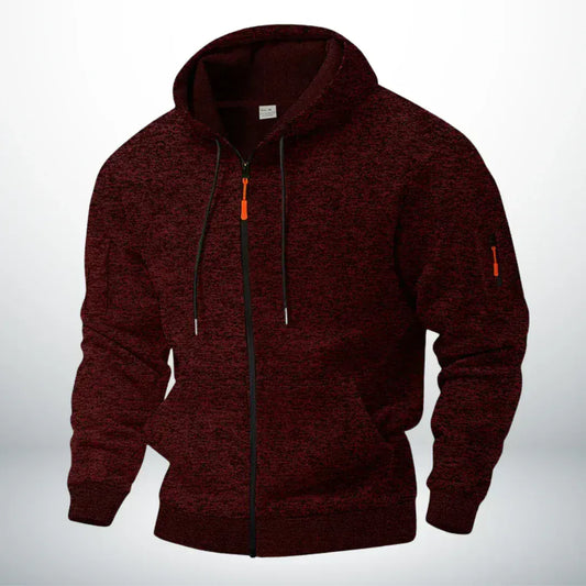 Front view of the hoodie in mottled dark red, showing the zipped sleeve pocket 2