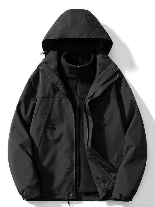 Hooded jacket in plain black, unzipped to reveal the black fleece liner underneath 2