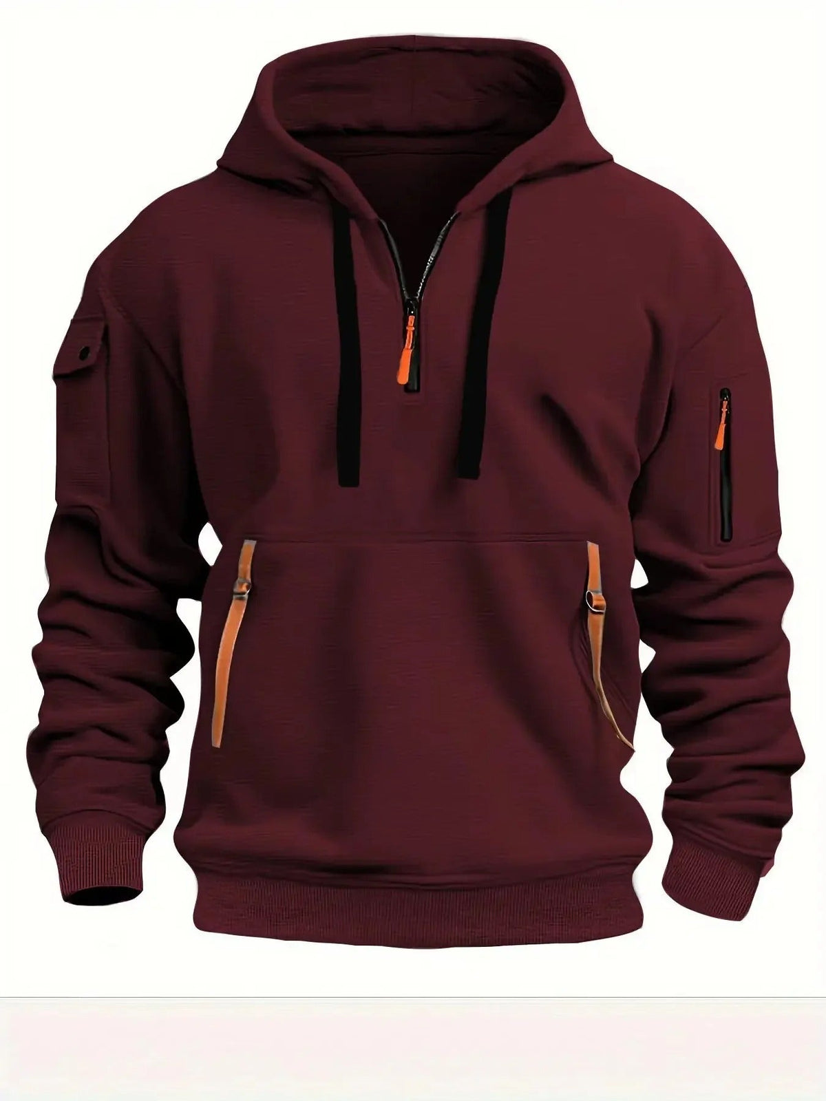 Burgundy hooded top, front view, with black drawstrings, orange zip pull, orange pocket tabs and a zipped sleeve pocket 5