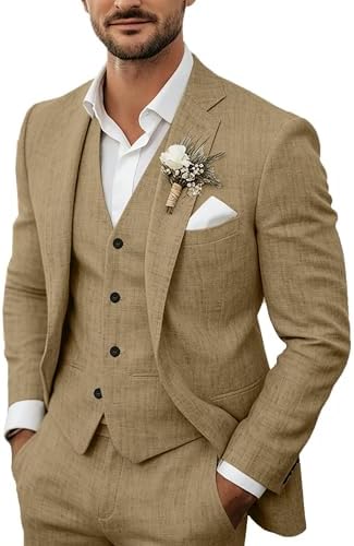 Same suit in a tan, sandy shade, worn by a model with white shirt, pocket square and floral buttonhole. 2