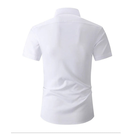 Back view of the white short-sleeved shirt, showing a plain back yoke and collar 2