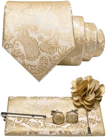 Pale cream and gold paisley tie set with pocket square, cufflinks, tie clip and flower brooch 2