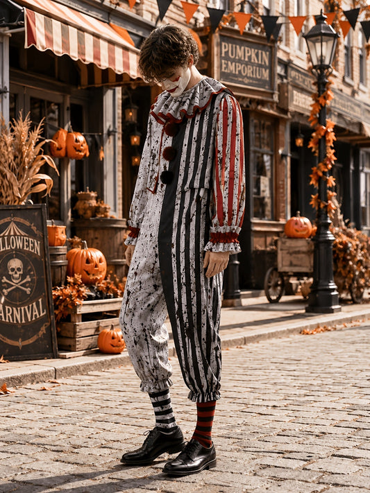 Side view of the clown jumpsuit worn by a model, showing the red-striped sleeve, ruffled cuffs and gathered ankles. 2