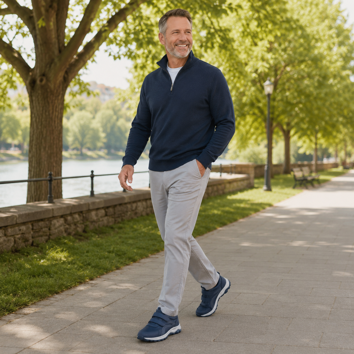 Smiling man in a navy zip jumper and grey trousers walking along a riverside path in navy strap shoes 18