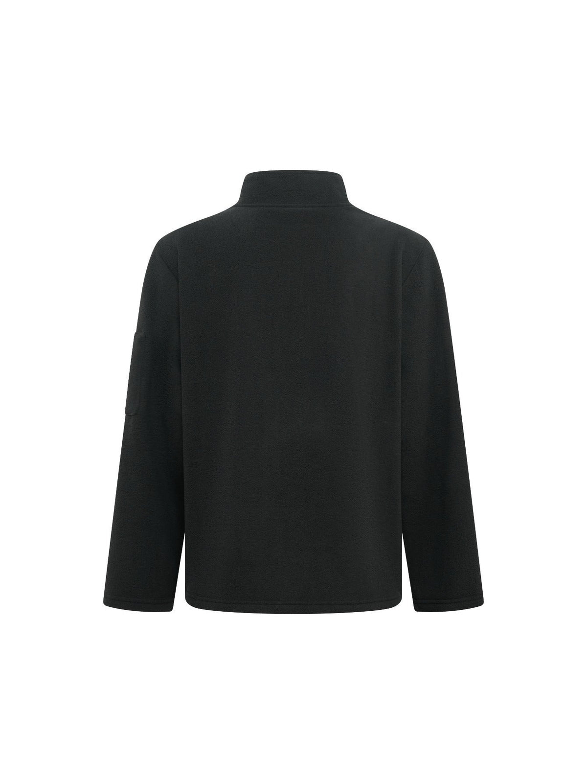 Back view of the black fleece jacket, plain with a stand collar and sleeve pocket 11