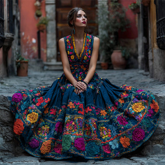 Model seated on a stone step wearing the dress in deep navy blue, its multicoloured floral embroidery spread over the wide skirt. 2