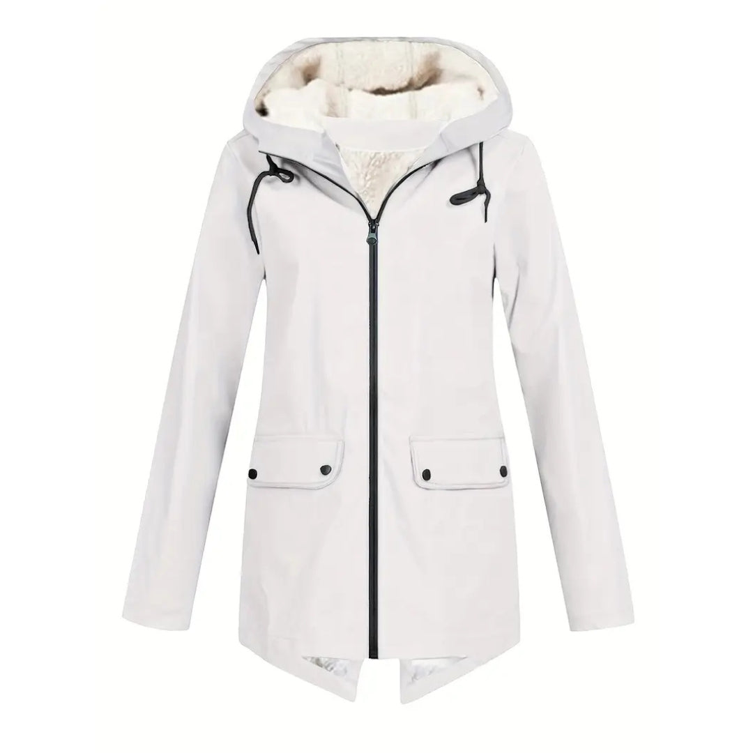 Flat front view of the jacket in white, with cream fleece lining in the hood, black drawcords, centre zip and flap pockets. 12