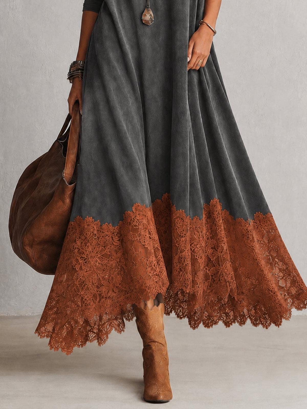 Detail of the grey skirt with rust orange lace hem and tan boots 18