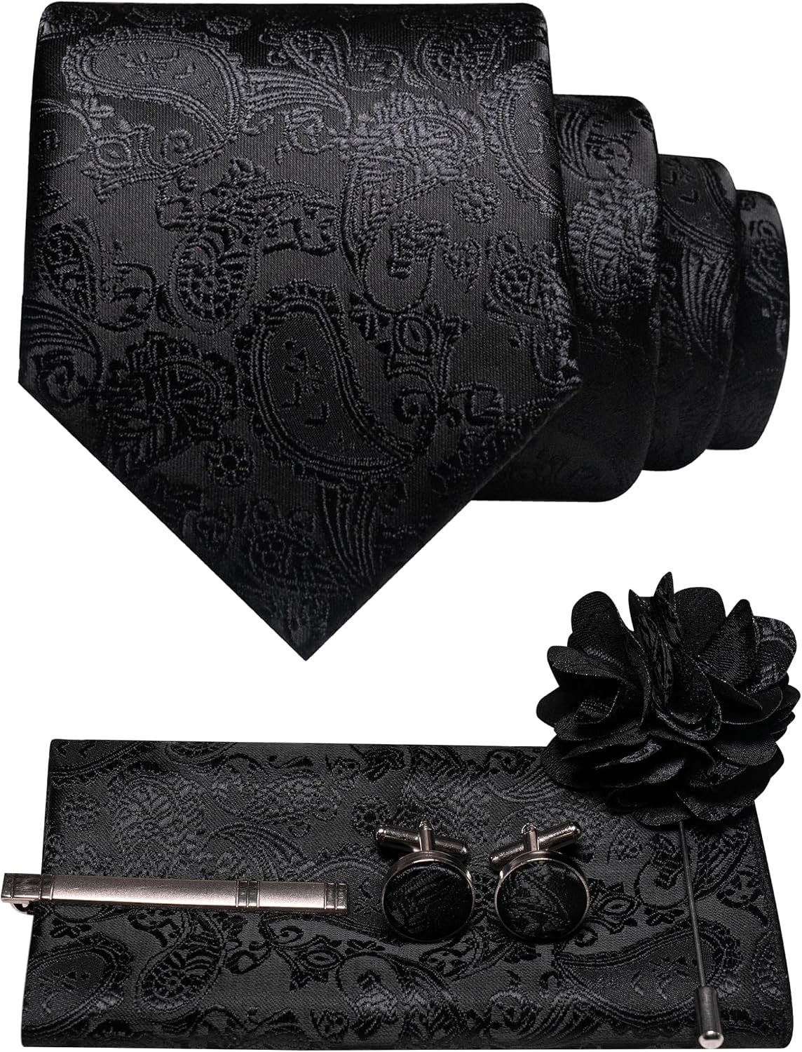 All-black paisley tie set with pocket square, cufflinks, tie clip and flower lapel brooch 37
