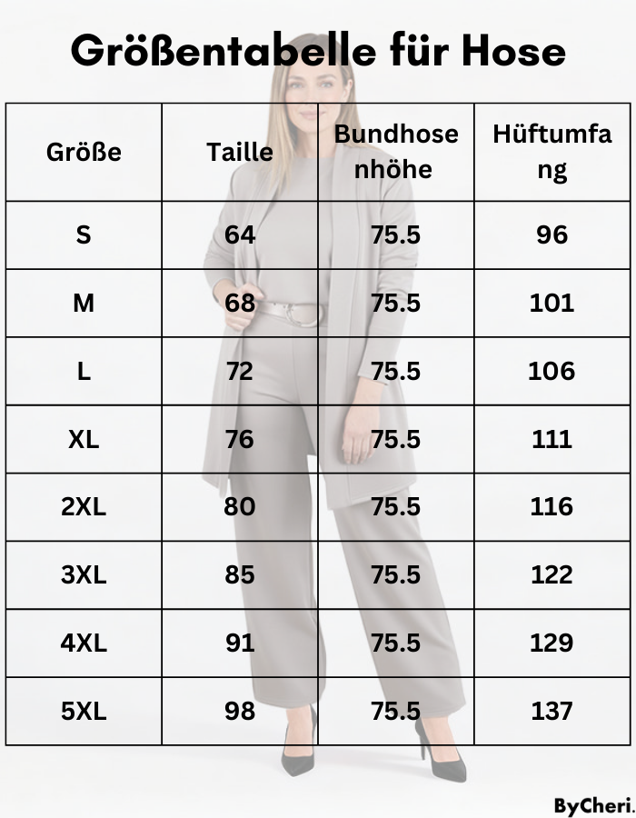 Size chart table for the trousers listing waist, rise and hip measurements from S to 5XL over a faded model photo. 20