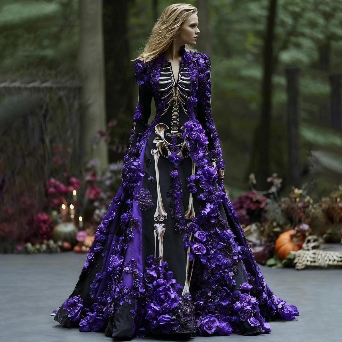 Model wears the long-sleeved skeleton-print maxi dress covered in purple three-dimensional roses, shown full length in a woodland setting. 6