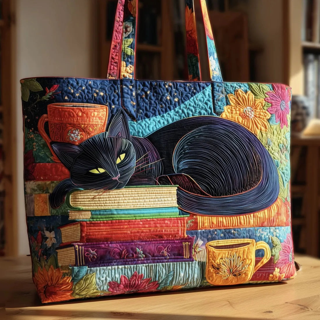 Front of the colourful quilted tote on a wooden table, showing a sleeping cat, stacked books and floral patches 1