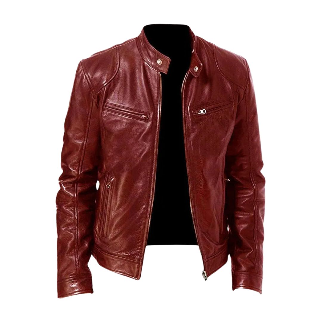 Burgundy red version of the stand-collar jacket, unzipped, with glossy panels and angled zipped chest pockets 6