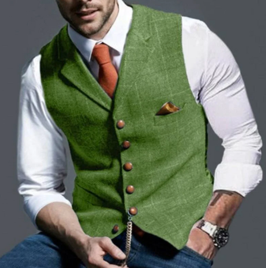 Model wears the waistcoat in bright green tweed with a faint check, orange tie and pocket square 2