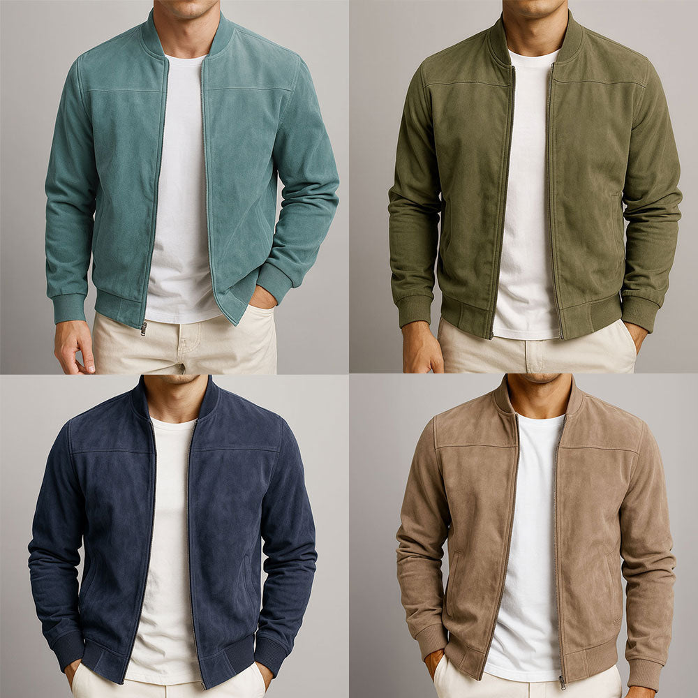Four-panel collage showing the bomber jacket in teal, olive green, navy and taupe, each worn over a white T-shirt. 6
