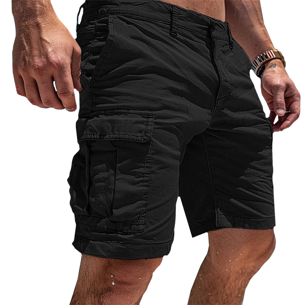 Model wearing black cargo shorts, shown from the front and side with the large flap pocket on the thigh. 4