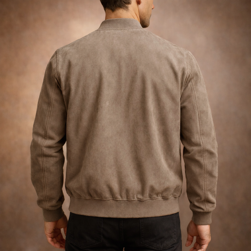 Back view of the tan jacket on a model, showing the plain panel, ribbed collar, cuffs and hem. 4