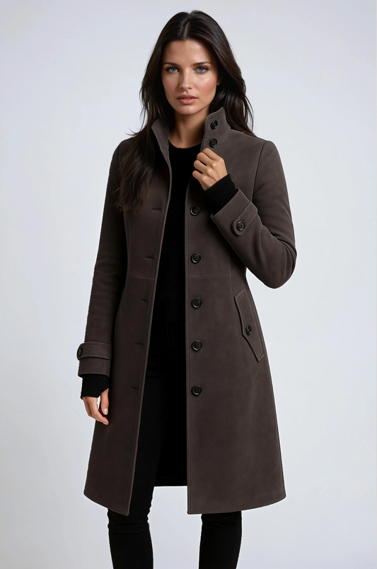 Model wearing the coat in dark brown, collar raised, with black jumper and trousers 2