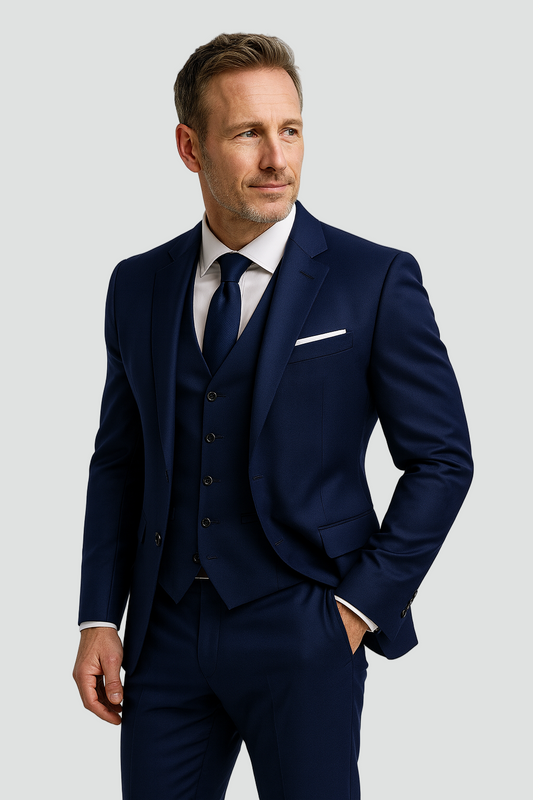 Model in the navy blue three-piece suit with matching tie, white shirt and pocket square, looking to the side with one hand in a pocket. 1
