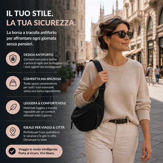Woman in a cream jumper and sunglasses carries the black bag on one shoulder along a city street, with feature icons beside her. 2