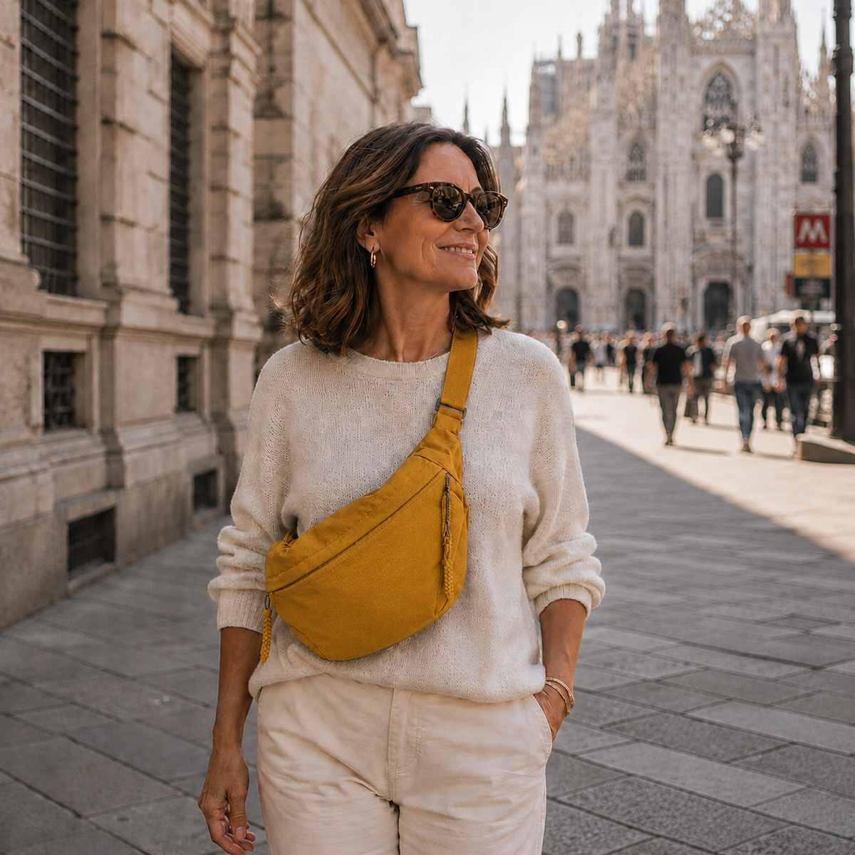 Smiling woman in sunglasses wearing the ochre bag diagonally across her chest while walking past a grand cathedral 4