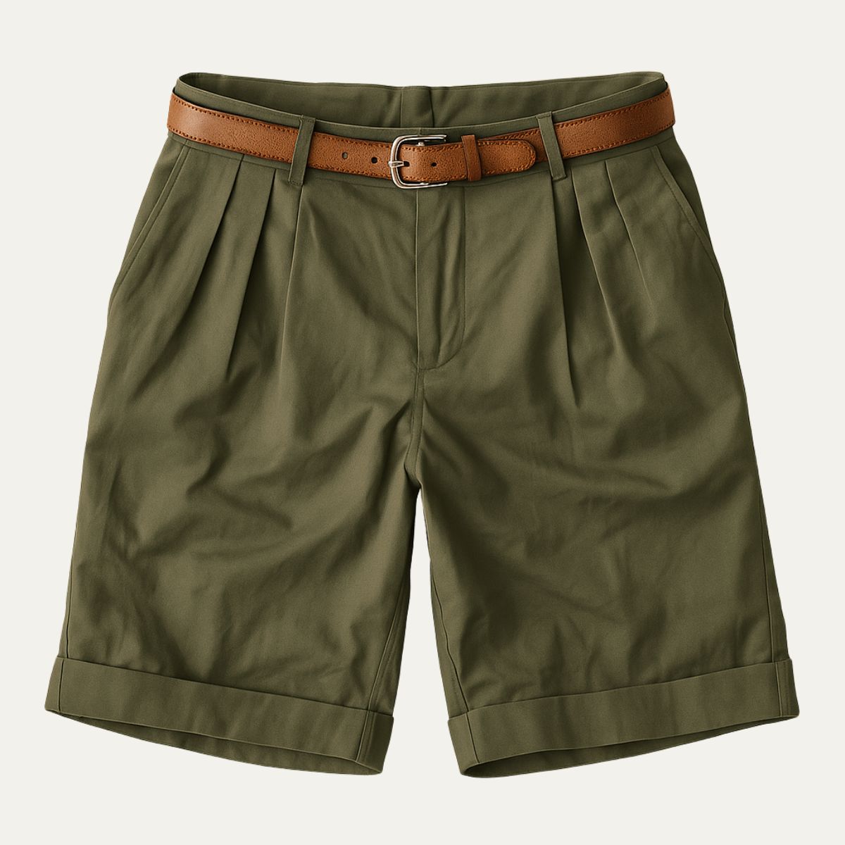 Olive green pleated shorts with turn-up hems, laid flat from the front with a tan leather belt. 13