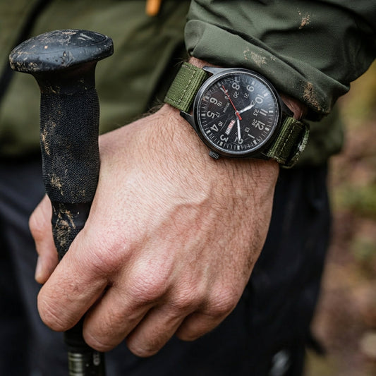 Close-up of the watch on a muddy wrist beside a trekking pole, worn with an olive green strap and jacket. 2