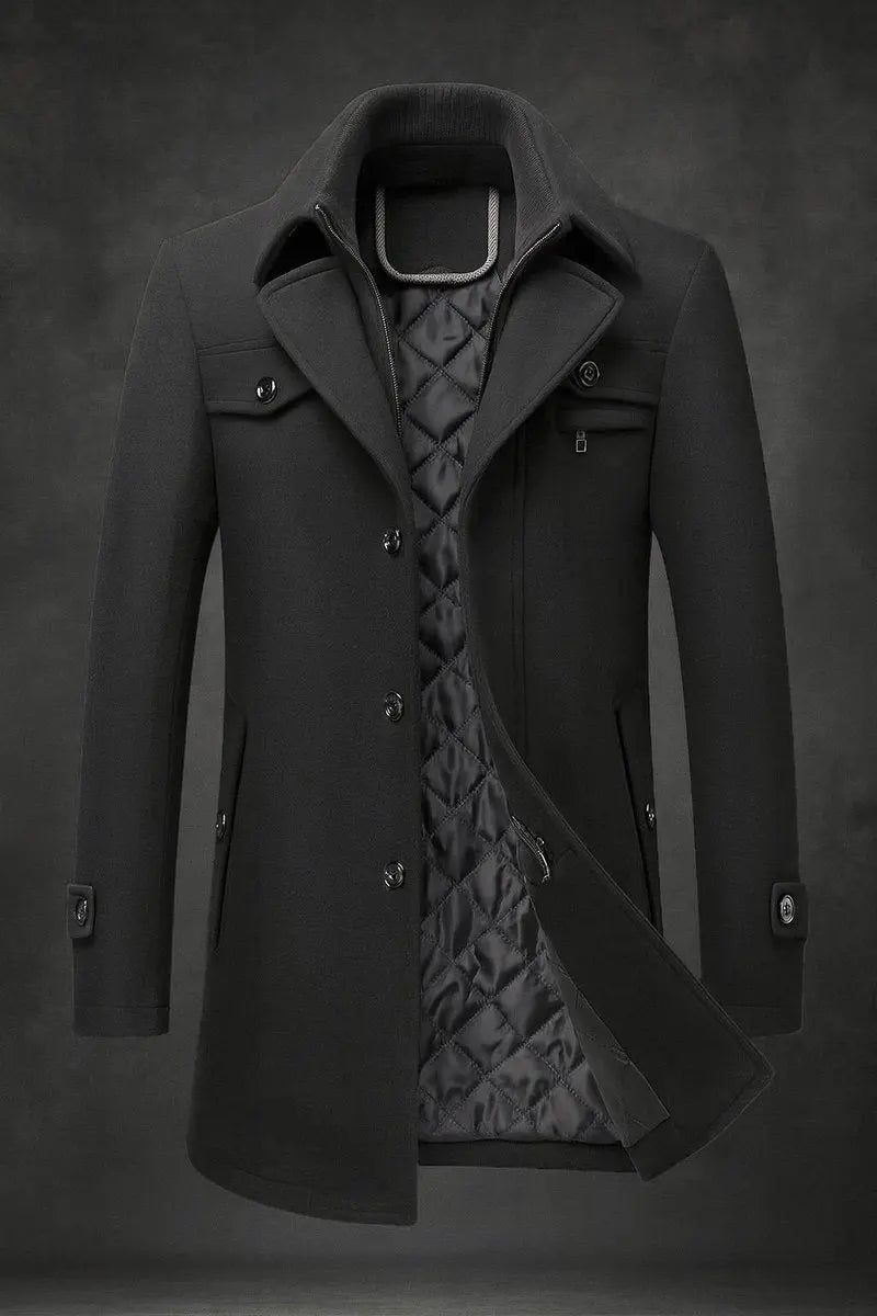 Black version of the coat, partly open to show its quilted lining and double collar 5