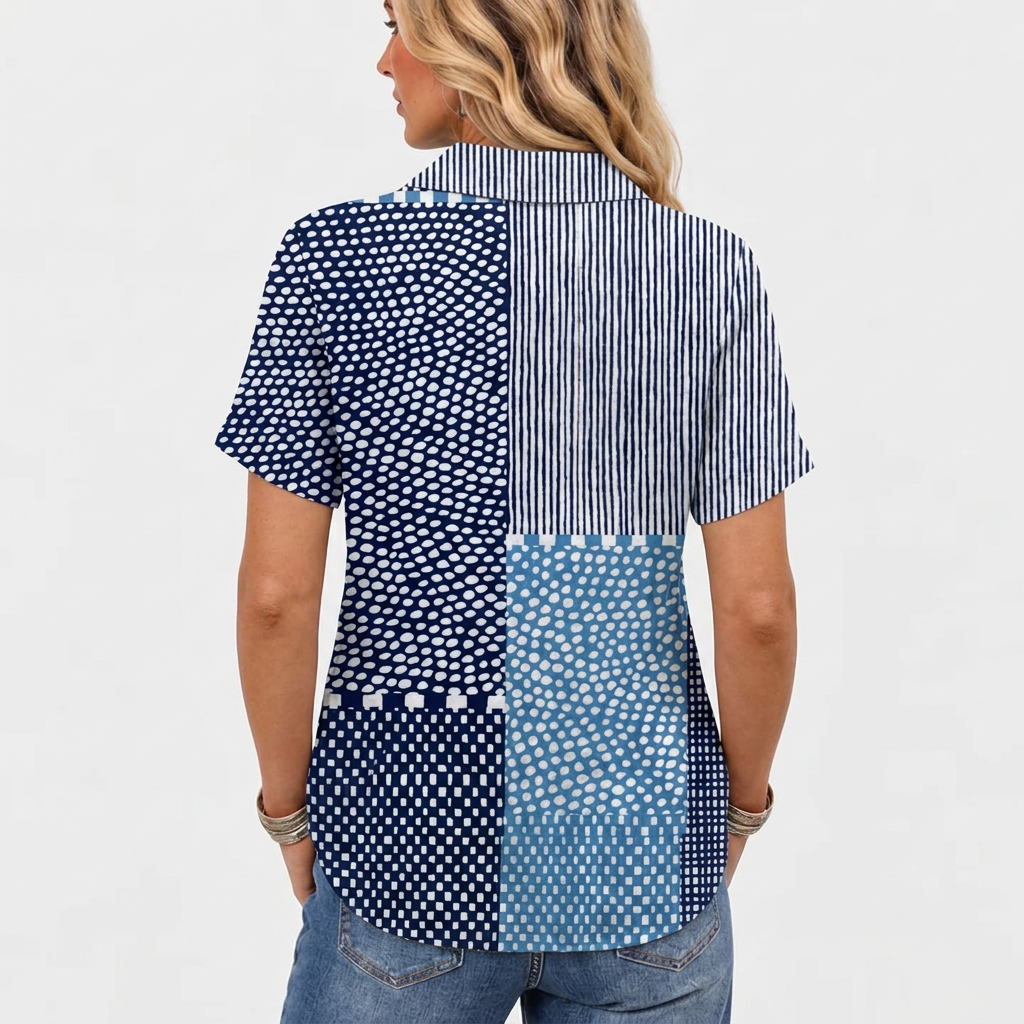 Back view of the shirt on a model, showing the collar and the dotted and striped patchwork panels 4