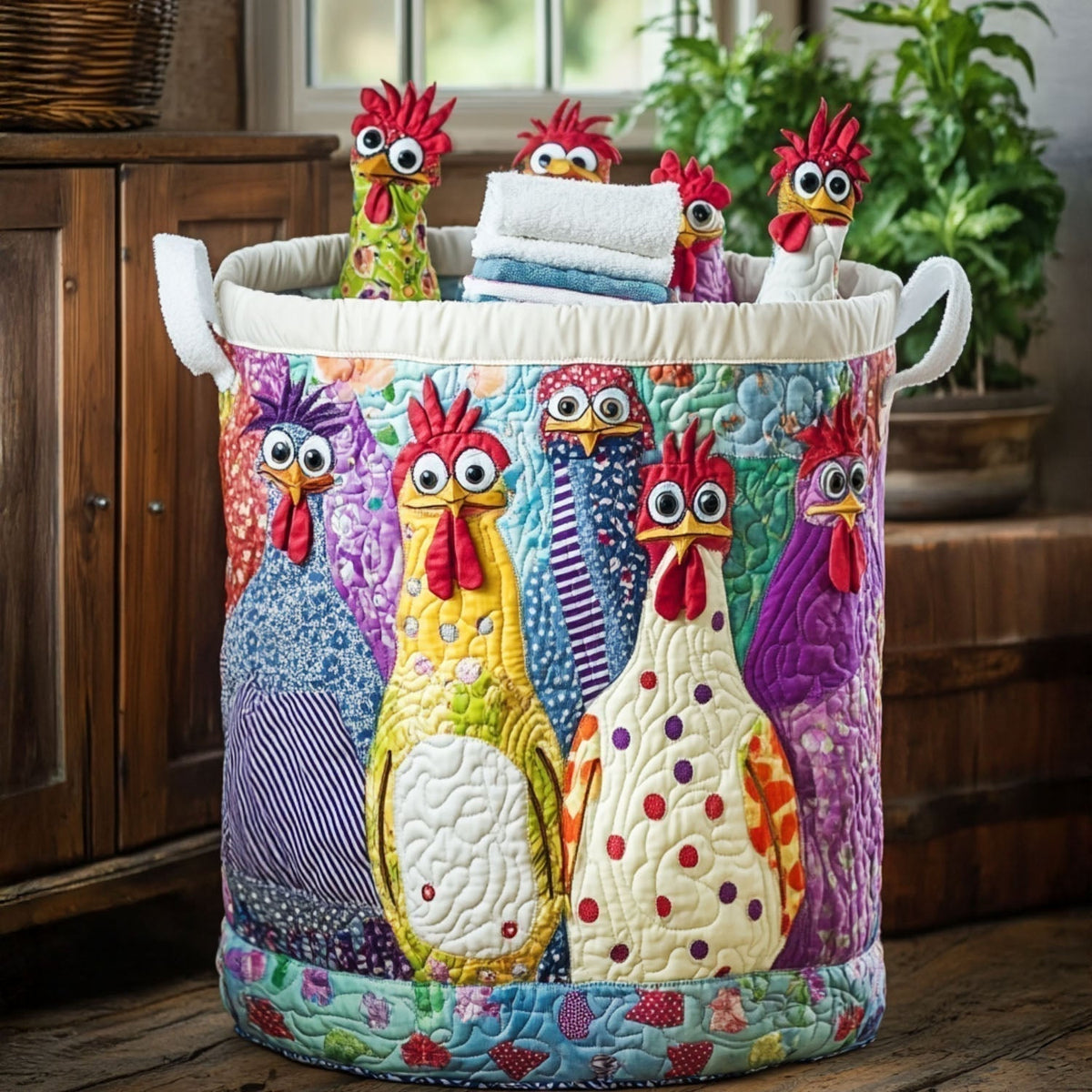 Round patchwork basket with colourful quilted roosters and white towel handles, holding folded towels and rooster toys, standing on a wooden floor. 1
