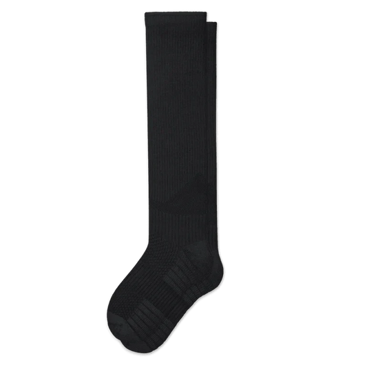 Pair of black knee-high ribbed socks laid flat on white, showing the patterned, cushioned heel and foot. 2