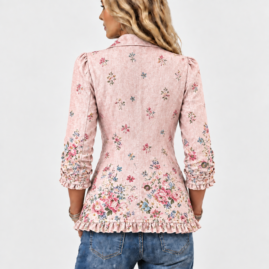 Back view of the pink floral jacket showing scattered flowers, ruffled hem and gathered three-quarter sleeves 5