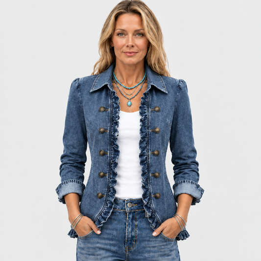 Woman facing the camera in the denim jacket, hands in pockets, with turquoise necklaces and jeans 2