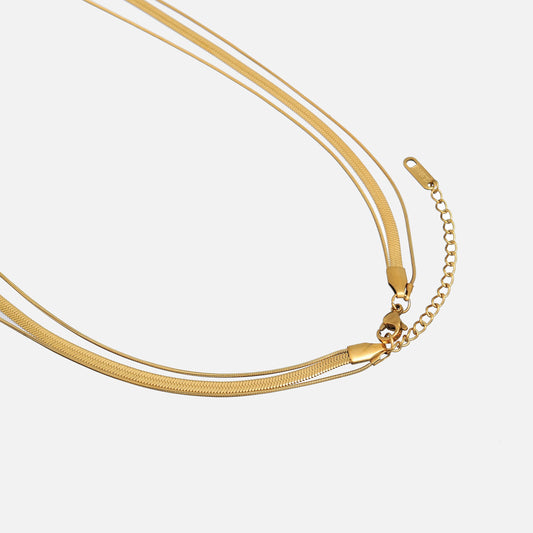 Close-up of the lobster clasp and extender chain joining the three layered gold-toned chains 2