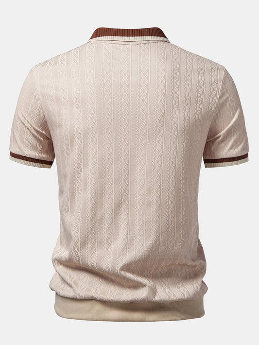 Back view of the beige polo, showing the continuous vertical cable-style texture and striped collar and sleeve cuffs. 2