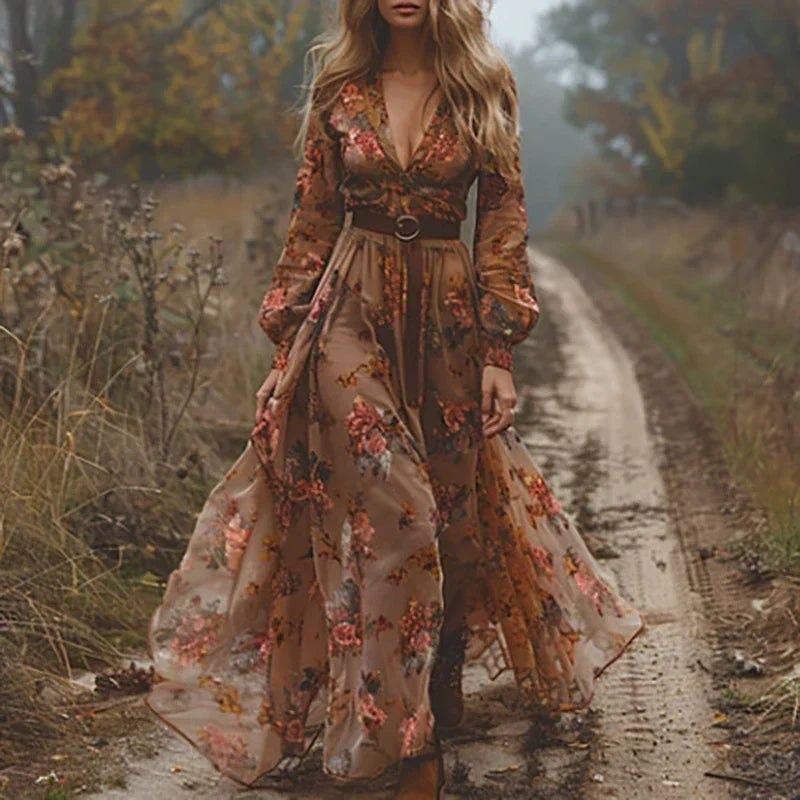 Model on a misty autumn path wearing the sheer floral-print version in brown and rust 4