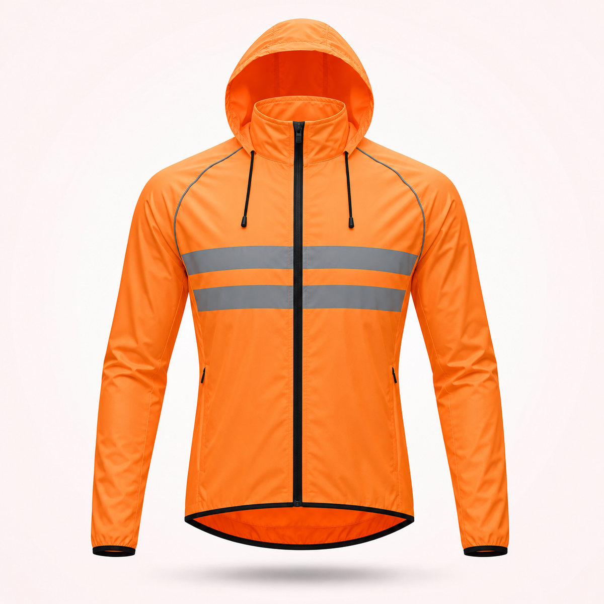Orange hooded version of the jacket with drawcords, two grey reflective chest stripes and zipped side pockets. 20