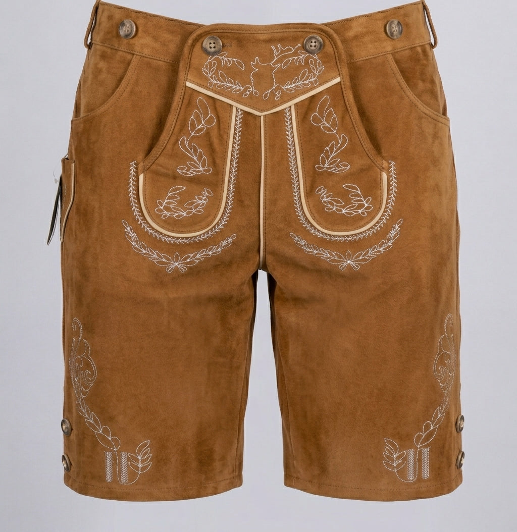 Caramel-brown breeches against a grey backdrop, with white stitched foliage embroidery, cream piping and a hanging tag 6