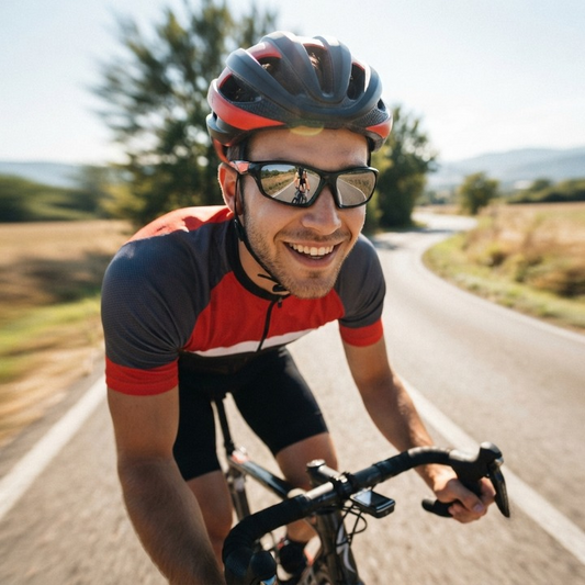 Smiling cyclist in a helmet and red and grey jersey wearing the sunglasses on a sunlit road 2