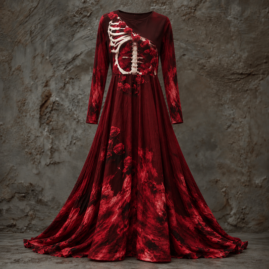 Deep red version of the long-sleeved gown, showing the ribcage bodice with roses and a darker, mottled red flowing skirt. 2