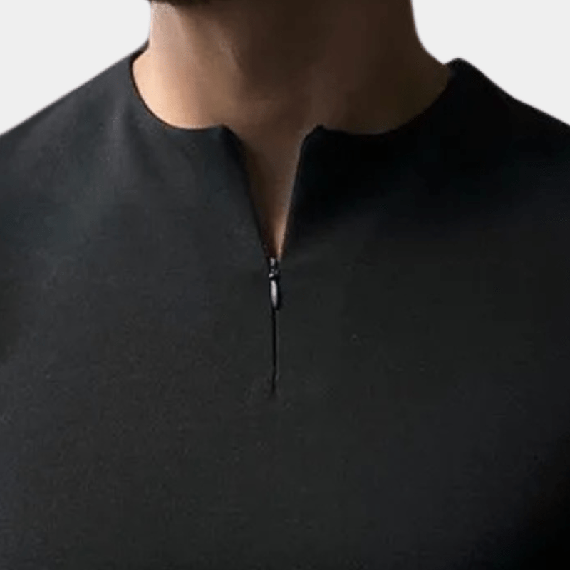 Close-up of a model's neckline showing the black round collar and the small zip puller 6