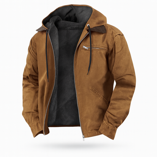 Tan hooded jacket with unzipped front, showing black fleece lining, brown collar patches, drawstrings and zipped chest pocket on a plain white background. 1